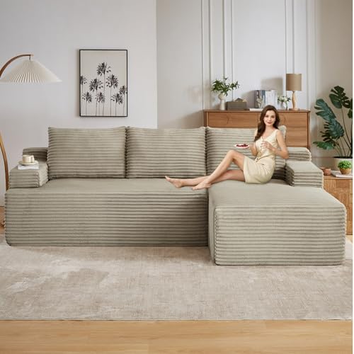 Image of 96.1 inch Modular Sectional Sofa Couches L-Shape Couch 3 Seat Modular Sofa Corduroy Memory Foam Sectional Boneless Couches for Living Room, Cloud Couch with Oversized Chaise(Camel, Right Facing)