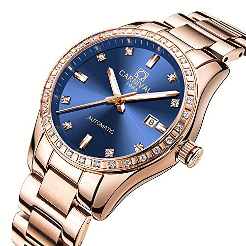 Image of Women's Diamond Automatic Mechanical Rose Gold Stainless Steel Sapphire Waterproof Lady's Elegant Blue Watch