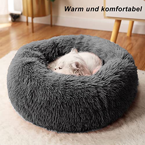 CALIYO Katzenbett Flauschig, Hundebett Kleine Hunde, Katzenkissen Hundekissen Waschbar, Trocknergeeignetes Katzen Bett, Hundebetten Rund Katzenkörbchen Durchmesser 60 cm(Dunkelgrau)