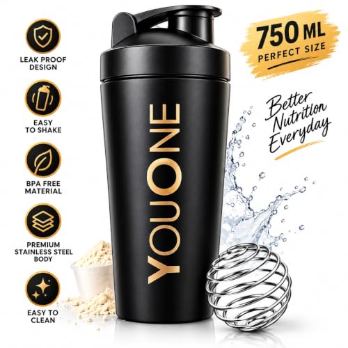 Image of YOUONE Stainless Steel Shaker Bottles For Gym - 100% Leakproof Guarantee, Ideal For Protein, Pre Workout, Bcaas & Water Bpa Free Material (Red) (Black)