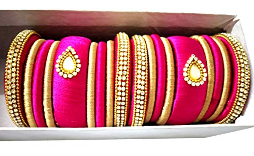 Image of GOELX Silk Thread 18 Bangles Set in Pink and Gold Combination