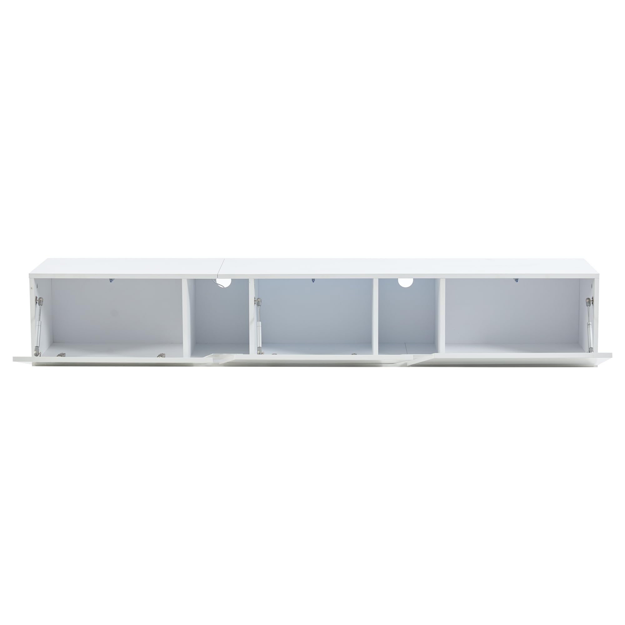 Merax Mueble bajo para TV, color blanco brillante con iluminación LED, mueble de TV con puerta plegable, soporte para TV de 75 pulgadas, estante de TV montado en la pared, 180 cm, para salón
