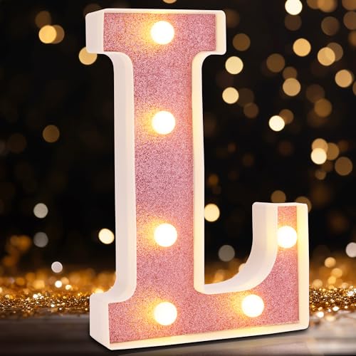 Image of Small Led Marquee Letters, Light Up Letters, 8.58 Inch Led Letter Lights, Battery Powered Lighted Sign for Table, Party, Birthday, Christmas Decor (Pink Glitter, Letter L)