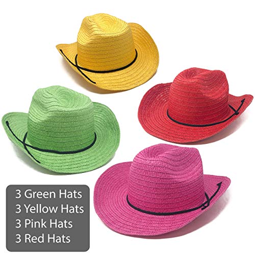12 Piece Colorful Cowboy Hats - Adult Western Colorful Straw Hats for Western Theme Party - Thumbnail 3