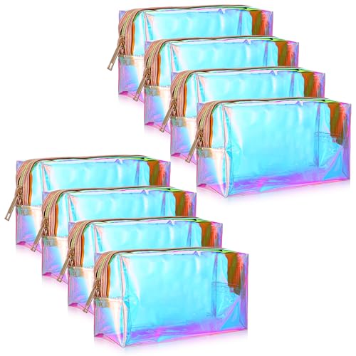 8pcs Holographic Bulk Makeup Bags,Waterproof Clear Iridescent Makeup Bag, Cosmetic Bag with Zipper Wristlet, Portable Travel Toiletries Make Up Bags, Women Make Up Pouch