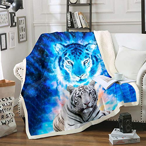 Loussiesd Tiger Print Plush Sherpa Fleece Throw Blanket - Blue Galaxy, Wild Animal Theme, Ultra Soft, 60"x79"