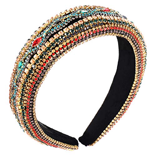 Rhinestone Crystal Padded Headband Bejewelled Velvet Wide Hairband Hair Hoops Wedding Bridal Party Headpiece Headwear For Woman Girls (bule rhinestone)