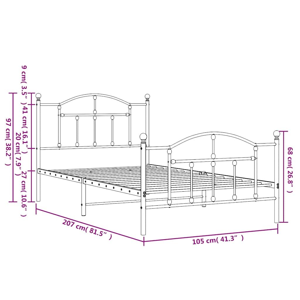 vidaXL Bettgestell, Bettrahmen mit Kopfteil Fußteil, Metallbett Bett mit Lattenrost, Einzelbett Gästebett Schlafzimmer, Metall Schwarz 100x200cm