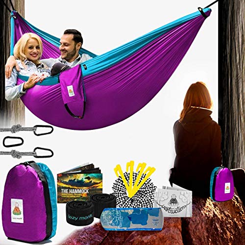 Lazy Monk 2 Person Hammock W/Tree Straps | Portable Foldable Parachute Double Hamock Outdoor, Travel, Camping | Hamaca Para Dos | Complete Two People Couple Patio Backyard Outside Hanging Swing Amaca #TOP6