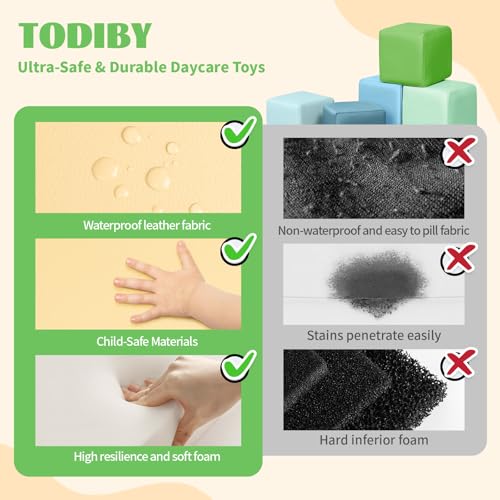 Todiby Foam Building Blocks for Toddlers:12-Pieces Wipeable Leather Stacking Cubes Kids - Large Soft Toys Play Set for Learning Construction Baby Preschool Daycare Therapy Birthday Gift (Yellow Green) - Image 6
