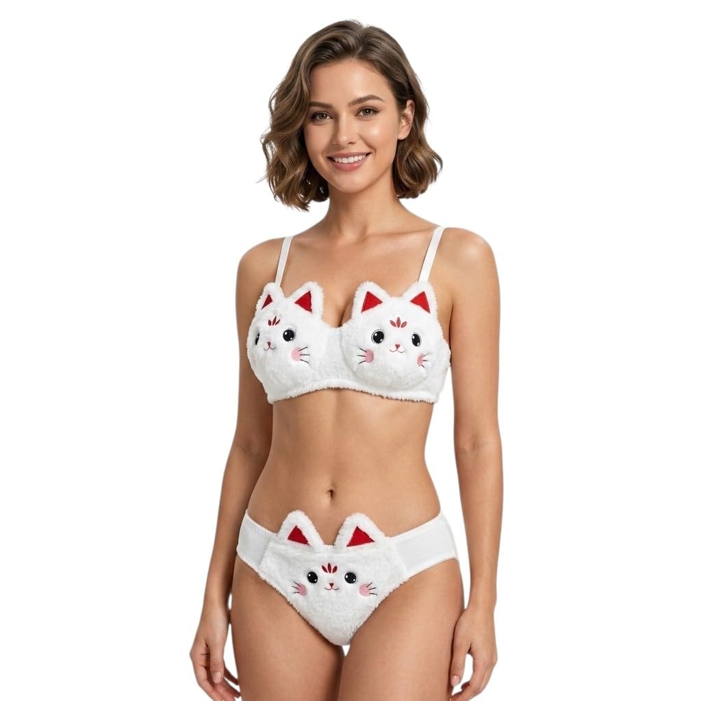 Elegance Starts Within Cute Fluffy Lingerie Set for Women – Fuzzy Anime Kitten Bra and Panty Set Soft Plush Kawaii Cosplay Underwear-image-41