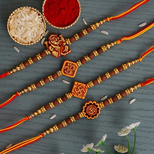 Image of eCraftIndia Set of 4 Brown & Orange Religious Ganesha, Om, Swastika, Rudraksha Rakhis with Roli Chawal Pack and Best Bro Ever Fridge Magnet - Rakhi for Brother, Bhaiya, Bhai