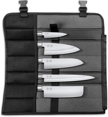 KAI Wasabi Black Ensemble de Sacs de Couteaux - Couteau Utilitaire 10 cm, Deba 15 cm, Nakiri 16,5 cm, Santoku 16,5 cm, Yanagiba 21 cm - acier inoxydable poli 6A/1K6 58 (±1) HRC - Fabriqué au Japon