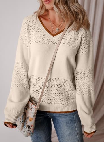 Image of SHEWIN Women's Sweaters Casual Long Sleeve V Neck Crewneck Lightweight Crochet Pullover Sweater Tops