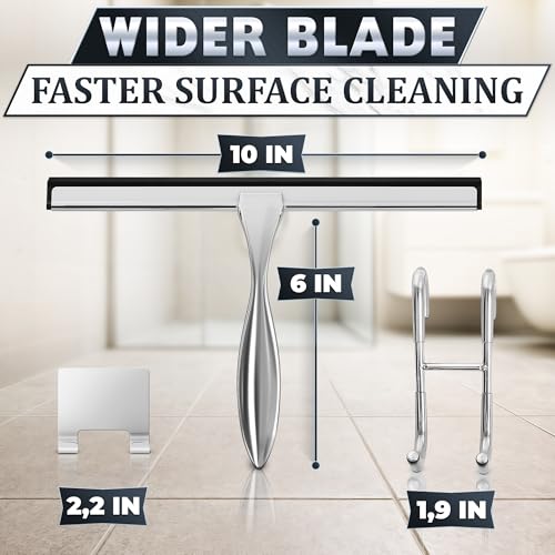Image of Shower Door Squeegee with Hook - 10 inch Silicone Blade, Stainless Steel Squeegee for Shower Glass with Adhesive Mount - All-Purpose Bathroom Tile, Mirror, & Window Wiper for Streak-Free Cleaning (Silver)