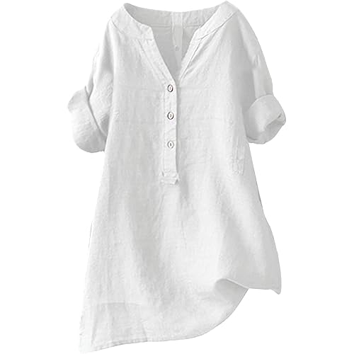 Linen Tops Women 2024 Spring Cotton Linen Button Down Shirt Long Sleeve Casual Work Blouse Solid Color Tops