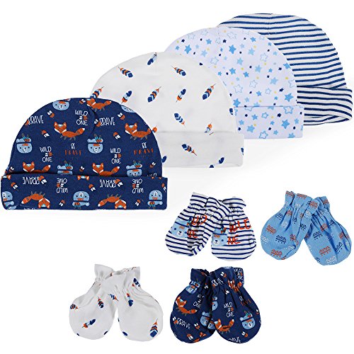 Lictin Bonnets de Naissance et Moufles de Protection - 100% Coton 4pcs Bonnets Coordonnés et 4 Paires Mitaines Scratch de Protection Anti-griffures Bébé Fille Garçon (0-6 Mois) Cover