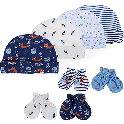 Lictin Bonnets de Naissance et Moufles de Protection - 100% Coton 4pcs Bonnets Coordonnés et 4 Paires Mitaines Scratch de Protection Anti-griffures Bébé Fille Garçon (0-6 Mois)