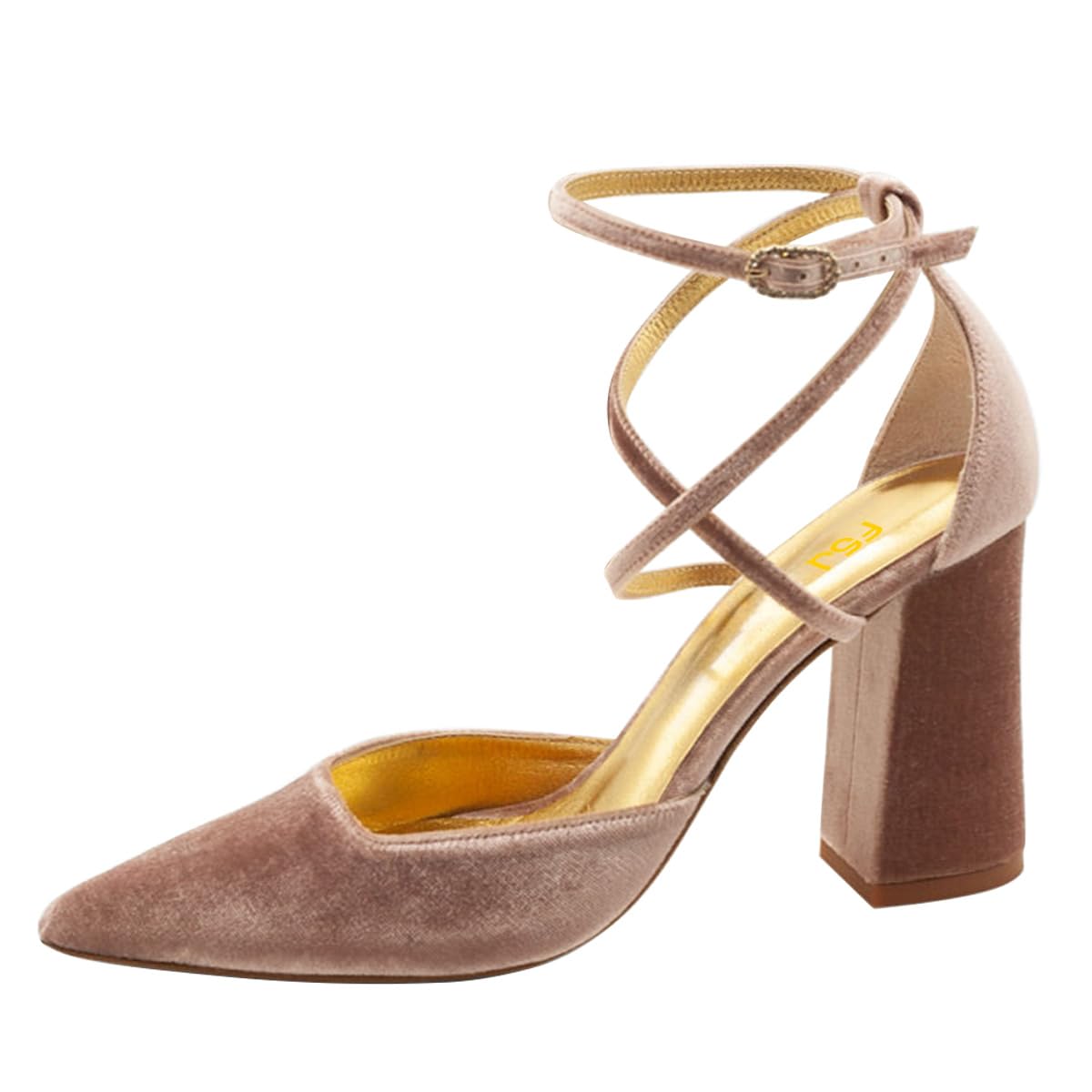 FSJ Women Bridal Chunky High Heels Pointed Toe Pumps Cross Strap D'Orsay Velvet Block Heel Sandals Wedding Evening Shoes Size 4-16 US