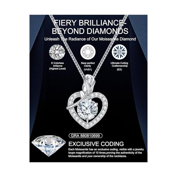 Rose Heart Pendant Necklace Gifts for Wife, 2-4 Carat Moissanite Heart Necklace Engraved with 'I LOVE YOU', Ideal Anniversary Present or Birthday Jewelry Gifts for Mom Wife Her Girlfriend - Image 5
