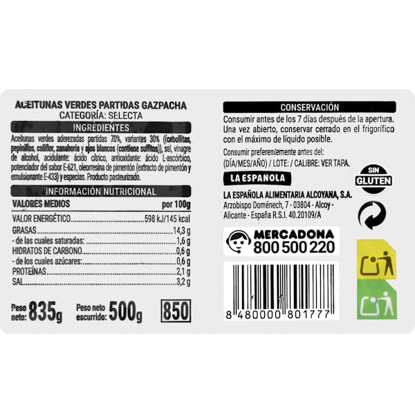 Hacendado Olives Vertes Gazpacha, Cassées, Catégorie Selecta, 835g PACK3, Conservation Sans Gluten, Idéal pour Apéritif