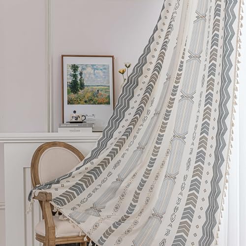 Image of Gray Geometric Curtains 102 Inches Long, Boho Farmhouse Light Filtering Rod Pocket Drapes with Tassel Trim for Bedroom Living Room, 2 Panels