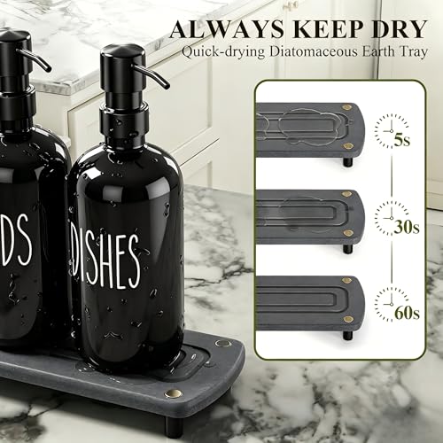 Image of Cisily Black Soap Dispenser Set with Ceramics Sponge Holder, Kitchen Decor | Black Stainless Steel Pumps, Instant Dry Tray