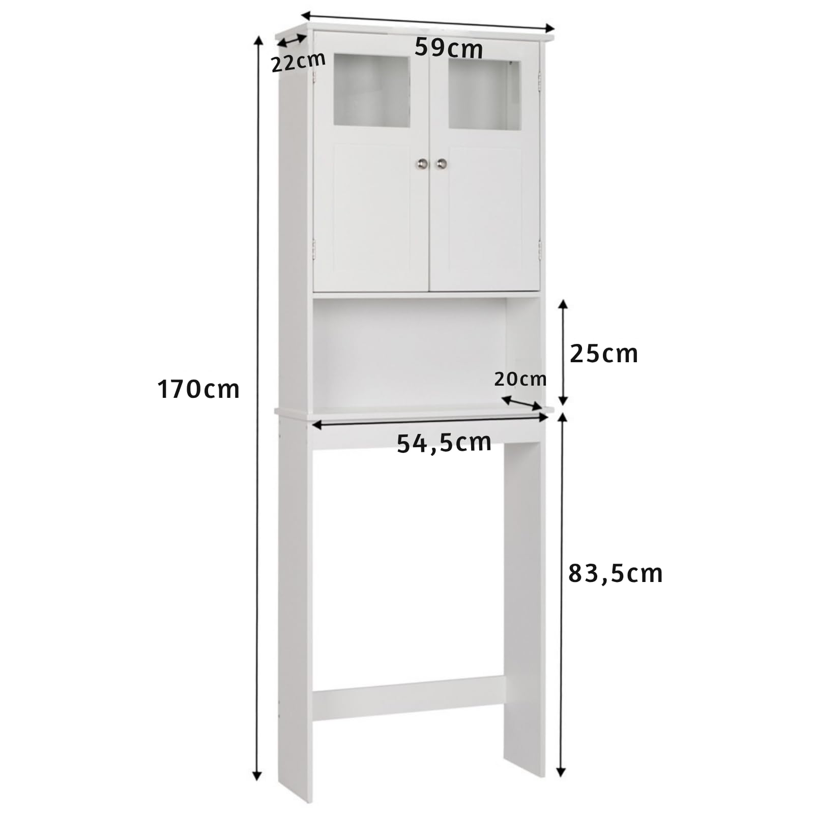 LEADZM Meuble de WC avec étagère réglable et Placard à 2 Portes Verre | Blanc