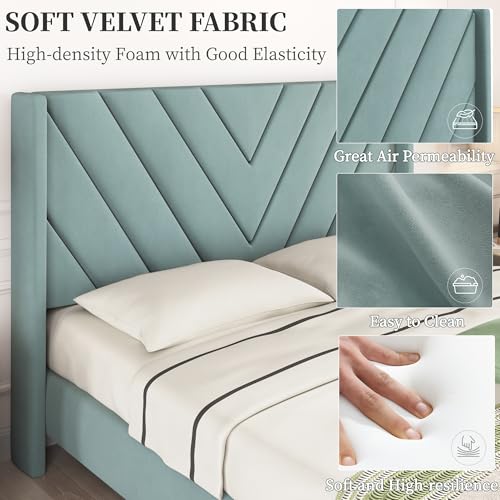 Yaheetech Queen Bed Frame Upholstered Platform Bed with Wing Side/Wooden Slat Support/Tufted Headboard with Wing Side/Mattress Foundation/No Box Spring Needed,Blue Lake Queen Bed