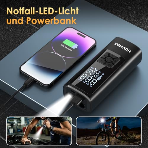 HOVVIDA Elektrische Luftpumpe, Luftpumpe Fahrrad, Elektrische Luftpumpe Akku, Tragbarer Fahrradpumpe Akku, 150 PSI (10,3 Bar) 5V, Auto-Abschaltung, LED, für Auto, Motorrad, Fahrrad, Ball
