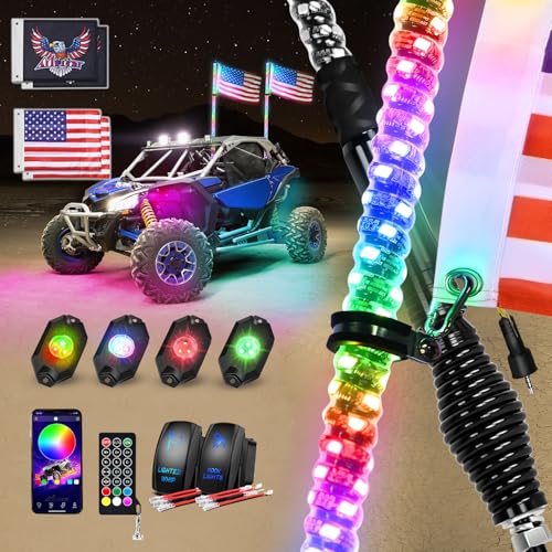 Image of Nilight 2PCS 3FT RGB LED Whip Light with Spring Base and 4 PCS Rock Lights Combo, Remote App Control w /DIY Chasing Patterns Turn Signal Brake Reverse Antenna Lighted Whips for ATV UTV Polaris RZR Jeep