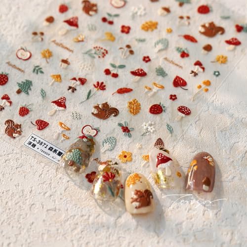 Fall Nail Art Stickers 5D Embossed Mushroom Squirrel Nail Decals 1PCS...