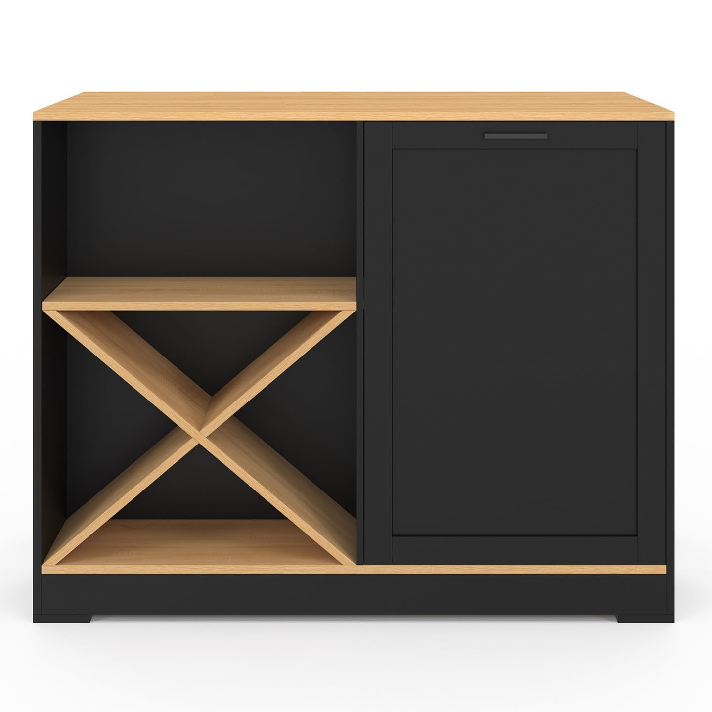 IDMarket - Table de Bar îlot VITO 113 cm avec Range Bouteilles Bois Noir et Plateau façon hêtre