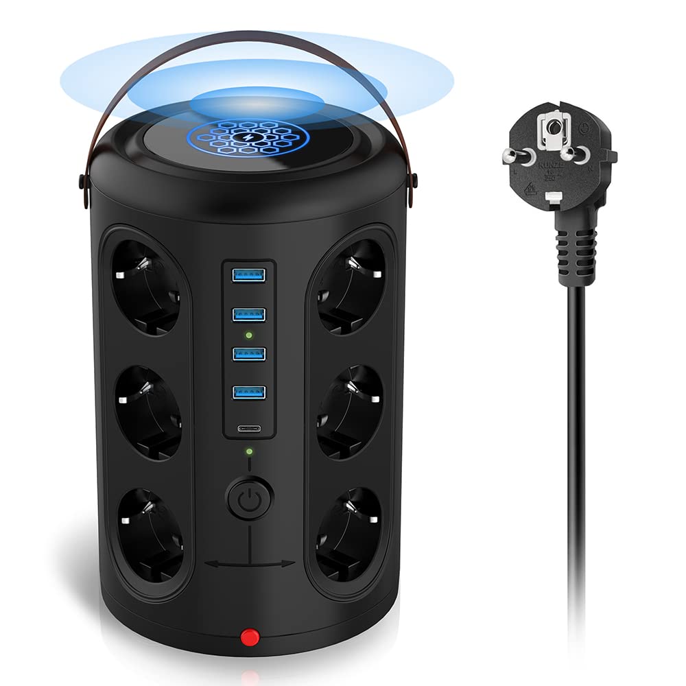 Wieża przeciwprzepięciowa na 12 gniazd z 4 portami USB i 1 USB-C i ładowarką bezprzewodową, 2500 W 10 A 110–250 V, przewód 1,8 m, wskaźnik LED, gniazdo przedłużające z wieloma