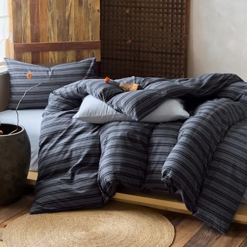 Image of VM VOUGEMARKET Blue White Stripe Duvet Cover Set - Soft Washed Cotton,Modern Neutral Ticking Pinstripe Minimalist, 3 Pieces,Navy Blue,Queen Size