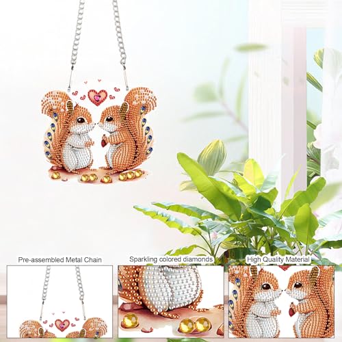 Image of AiYuanzsh Diamond Painting Kits Hanging Decoration, Adults Beginners 5D Diamond Art Painting Love Couple Squirrels, DIY Special Shape Diamond Craft Wall Garden Decoration Valentine's Day Gifts