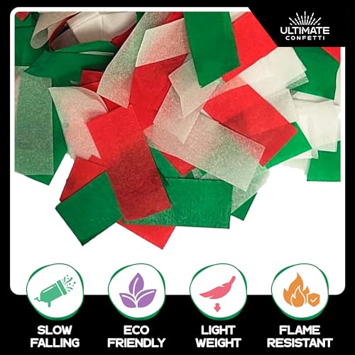 Image of Ultimate Confetti - Red, White & Green Biodegradable Confetti - Rectangular Flame-Resistant and Slow-Falling Tissue Paper Confetti for Cannon and Launcher use - Best for Celebrations - 1 lb, 16 oz