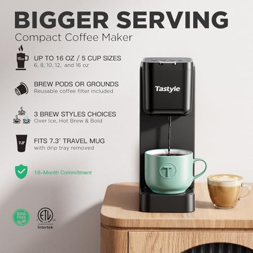 Image of Tastyle Single Serve Coffee Maker for K Cup and Ground Coffee | Brew up to 16 Oz, Fits 7.3'' Travel Mug | Hot, Bold & Over Ice | Compact for Office, RV& Hotel, Classic Black (3.0 Version)