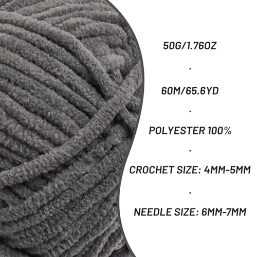 Image of Plush Chenille Chunky Crochet Yarn - Baby Yarn for Crocheting Soft - Velvet Yarns Knitting for Blankets Crafts - Fluffy Amigurumi Yarns 50g / 65.6yd (Dark Gray)