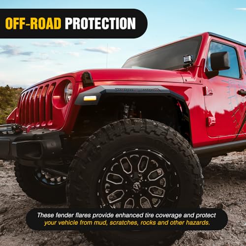 Image of Nilight JL JT Wide Flat Front Fender Flares for 2018 2019 2020 2021 2022 2023 2024 2025 Jeep Wrangler JL JLU&Gladiator JT 2Pcs Off-Road Wheel Fenders w /LED Lights Turn Signal Lights DRL