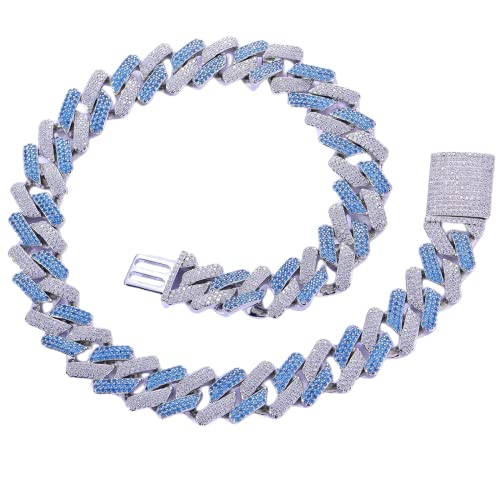 ICEDIAMOND 20mm Dual Colors Zirconia Iced Out Miami Cuban Chain Necklace, Prong Setting Blue-Clear Simulated Diamonds Heavy Luxury Rapper Chains, White Gold Plated Hip Hop Jewelry for Men Women