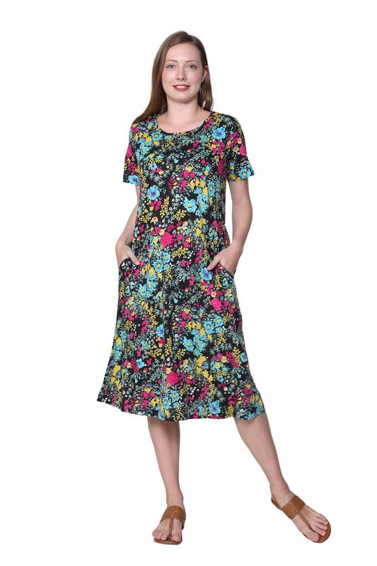 Image of LA CERA Women's Cotton Sun Dresses A-Line with Scoop Neck, Short Sleeves, Side Pockets, Floral Patterns, Machine Wash