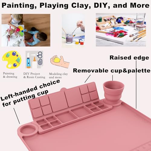 Image of Svartur Silicone Painting Mat with Removable Paint Palette and Cup, Coral Pink