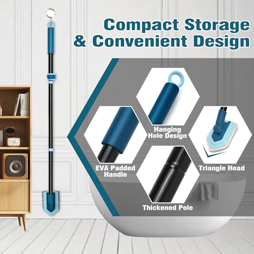 JEHONN Schrubber mit Stiel, Reinigungsbürste Bad mit Teleskopstange 130 cm, 4 Verschiedene Schwamm Bürste für Terrasse, Fliesen, Badewanne (Blau)