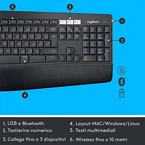Logitech MK850 Kit Tastiera e Mouse Wireless Multidispositivo, Wireless e Bluetooth 2.4 GHz, 12 ‎Tasti Programmabili, Durata Batteria di 3 Anni, PC/Mac, Layout Italiano QWERTY, Nero