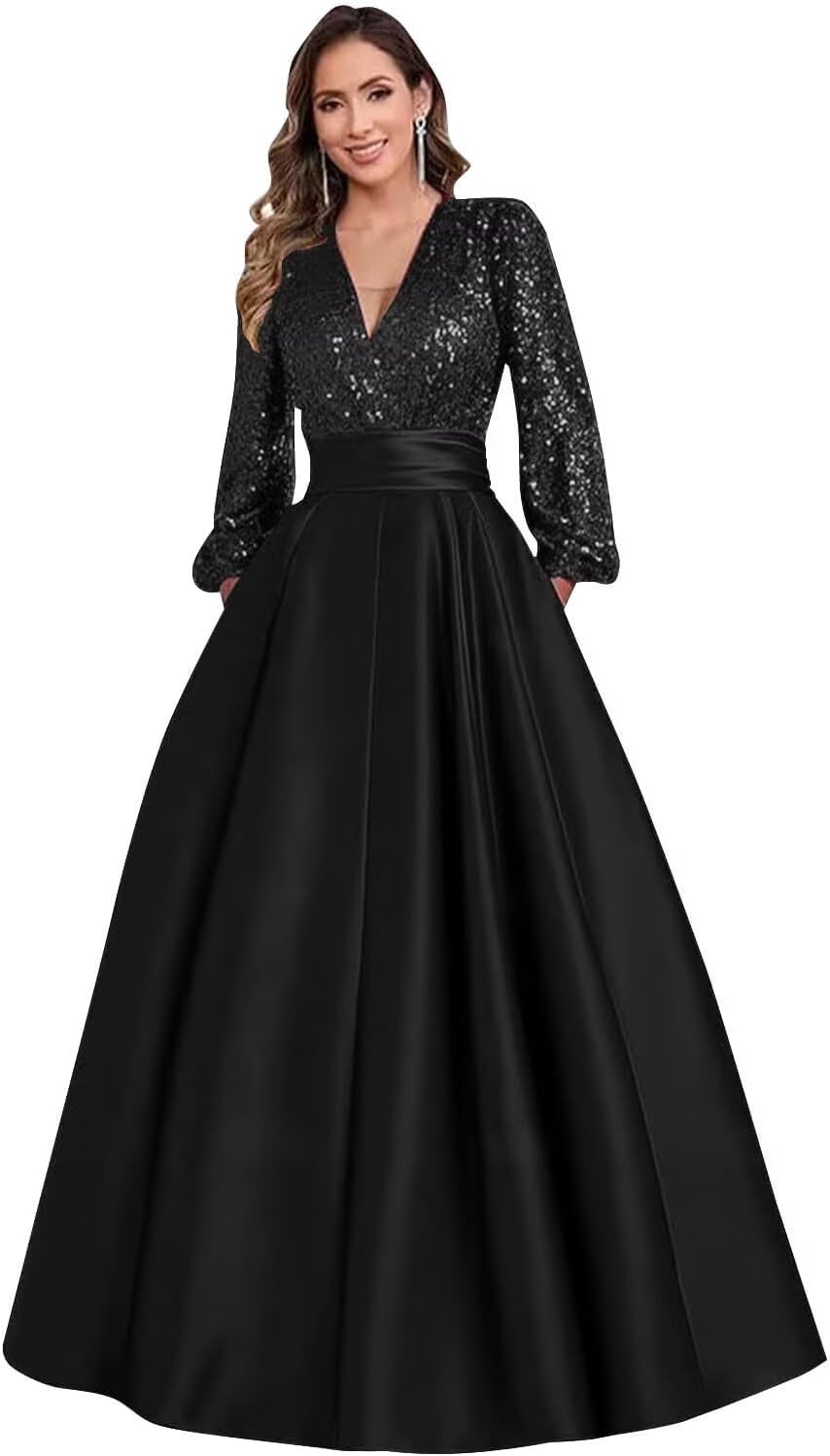 Long Sleeve Prom Dress with Pockets for Women Sequin Satin Mother of Bride Dresses V Neck Formal Evening Gown
