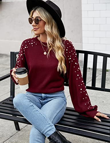 Image of Blooming Jelly Women's Chunky Sweater Crewneck Sweatshirt Knit Lantern Sleeve Oversized Pullover Sweater with Pearls