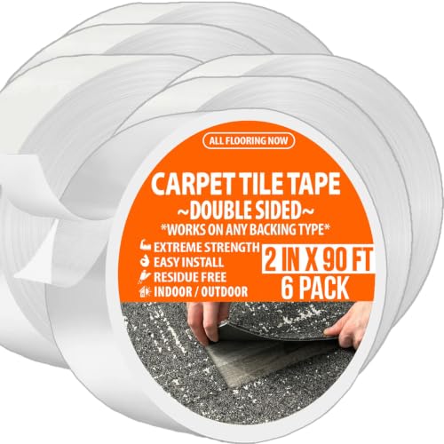 Carpet Tile Tape Double Sided 2in x 90ft (Bulk 6 Pack) Heavy Duty Reinforced Web Mesh Residue Free Indoor Outdoor for Carpet Tiles, Hardwood, Vinyl, Rugs, Carpet, Rubber &amp; Mat Gripper