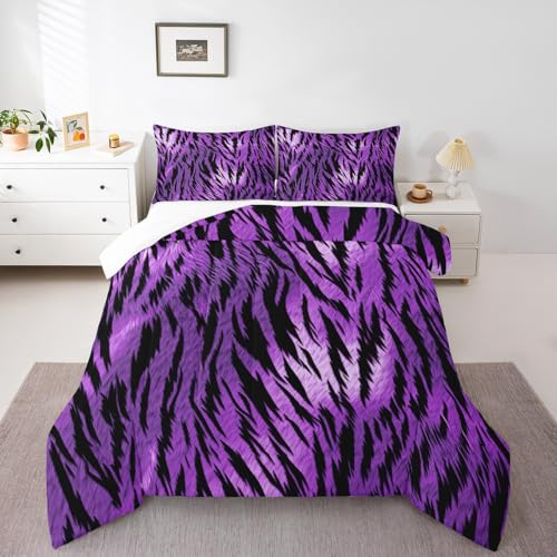 Image of Feelyou Kids Zebra Print Bedding Set King Size Purple Black Zebra Stripe Bedding Set Skin Fur Print Comforter Set Kids Boys Girls Wildlife Duvet Set Microfiber Bed Set