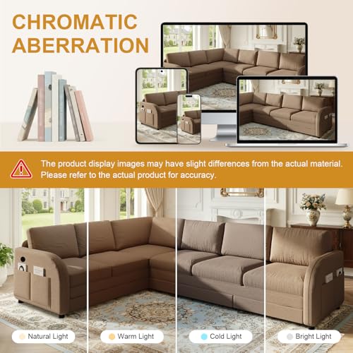 Image of KCGKCG 115.2 inch L Shaped Couch Bed, Sectional Couches for Living Room, Teddy Fabric Sleeper Sofa Bed with Pull Out Couch, Convertible Sectional Couch with Charging Station & Side Pocket, Brown